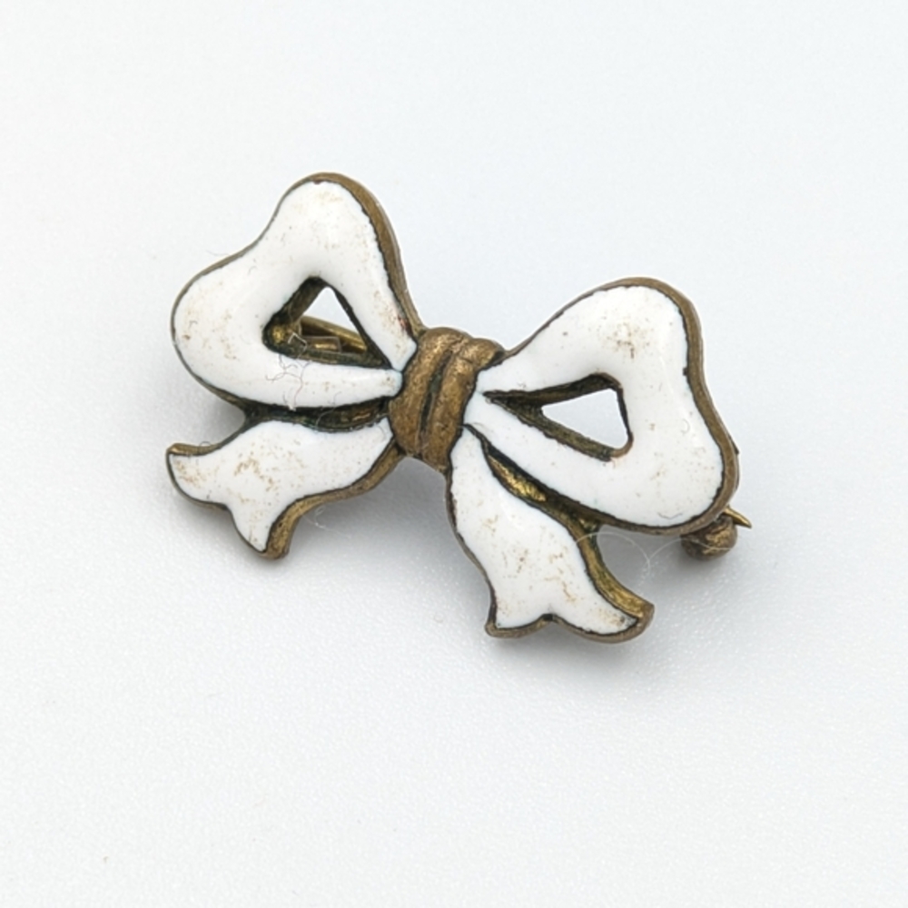 Antique Victorian or Edwardian Tiny White Enamel Bow Brooch Pin